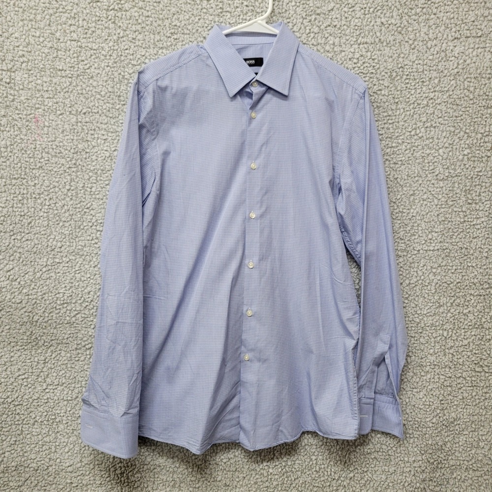 Hugo Boss Sharp Fit Blue White Micro Check Cotton Dress Shirt Mens 15.5 L